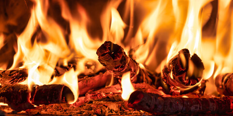 Logs burning in a wood fired pizza oven