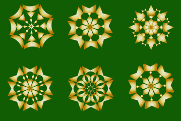 Golden round ornaments on green background. Vector gold design elements. 