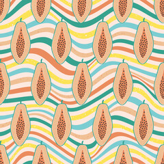 Colorful papaya repeat seamless pattern. Colorful wavy background.
