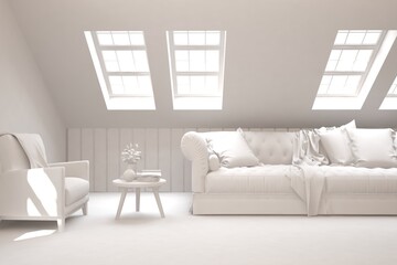 White minimalist living room with sofa. Scandinavian interior design. 3D illustration