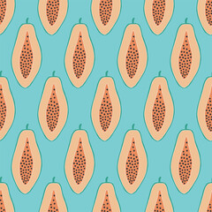 Retro papaya repeat seamless pattern. Blue background
