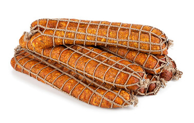 Royal sausage in the grid isolated on white. View from another angle in the portfolio.