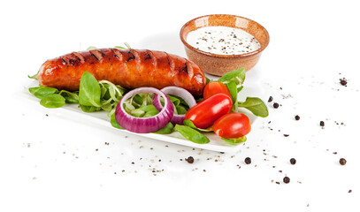 Fried Silesian sausage with salad isolated on white. View from another hangman in the portfolio.