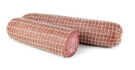 Traditional Italian Milano salami cut in a piece isolated against a white background. View from another angle in the portfolio.
