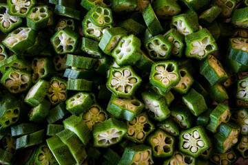 Top view of the cut okra vegetable (also called as ladies finger) ready for cooking