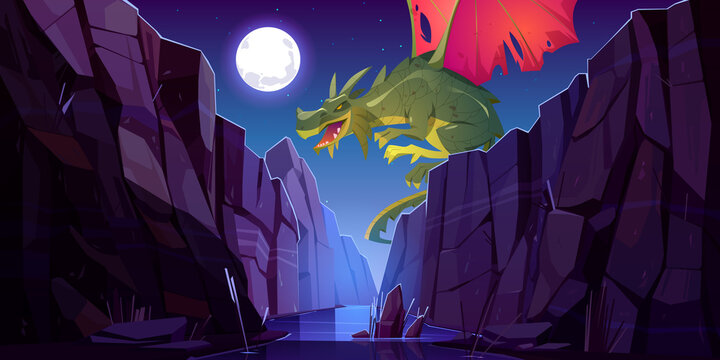 Fairytale Dragon Flying Above River In Canyon At Night. Vector Cartoon Fantasy Illustration Of Mountain Landscape With Magic Green Beast With Red Wings, Water Stream In Gorge And Moon In Sky