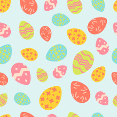 Fototapeta na wymiar Seamless pattern for Easter with different eggs. Perfect for holiday decoration, greeting cards, scrapbooking, party invitation, poster, sticker. Cartoon illustration