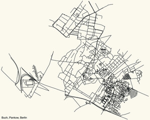 Black simple detailed street roads map on vintage beige background of the neighbourhood Buch locality of the Pankow borough of Berlin, Germany