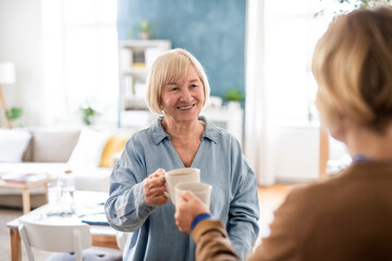 Senior woman with caregiver or healthcare worker indoors, drinking coffee.