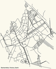 Black simple detailed street roads map on vintage beige background of the neighbourhood Blankenfelde locality of the Pankow borough of Berlin, Germany