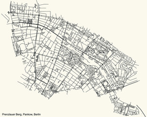 Fototapeta na wymiar Black simple detailed street roads map on vintage beige background of the neighbourhood Prenzlauer Berg locality of the Pankow borough of Berlin, Germany