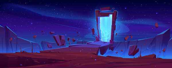 Magic portal on mountain cliff with flying rocks around, fantasy landscape background with glowing plasmic entrance under starry sky. Fantastic book or computer game scene, cartoon vector illustration © klyaksun