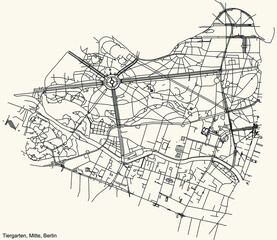 Black simple detailed street roads map on vintage beige background of the neighbourhood Tiergarten locality of the Mitte borough of Berlin, Germany