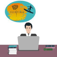 Travel planning. Businessman works at the computer, thinks about surfing - vector. Vacation dream.