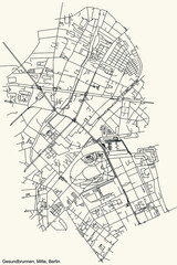 Naklejka premium Black simple detailed street roads map on vintage beige background of the neighbourhood Gesundbrunnen locality of the Mitte borough of Berlin, Germany