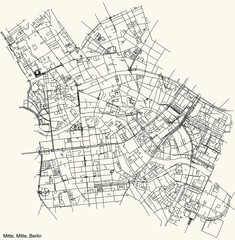 Black simple detailed street roads map on vintage beige background of the neighbourhood Mitte central locality of the Mitte borough of Berlin, Germany