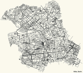 Black simple detailed street roads map on vintage beige background of the neighbourhood Mitte borough of Berlin, Germany