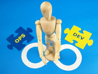 People symbols and puzzles with devops words. DevOps