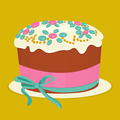 Cake for Easter. Vector image of a festive cake with icing and decoration for Easter. Traditional Easter cake on a bright background.

