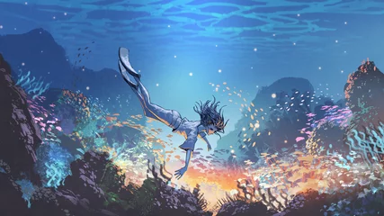 Poster vrouw duik onder water om een mysterieus licht onder de zee te zien, digitale kunststijl, illustratie schilderij © grandfailure