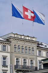 National flag of Switzerland and flag of city and canton of Zurich, Switzerland.