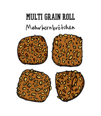Vector card with hand drawn traditional German multi-grain buns. Ink drawing, graphic style. Beautiful food design elements.