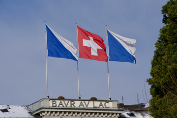 National flag of Switzerland and flag of city and canton of Zurich, Switzerland.