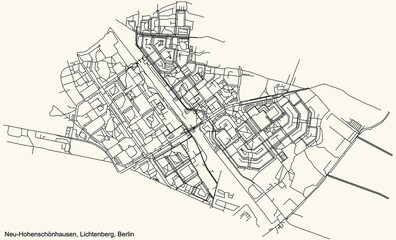 Fototapeta na wymiar Black simple detailed street roads map on vintage beige background of the neighbourhood Neu-Hohenschönhausen locality of the Lichtenberg borough of Berlin, Germany