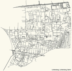 Black simple detailed street roads map on vintage beige background of the neighbourhood Lichtenberg locality of the Lichtenberg borough of Berlin, Germany