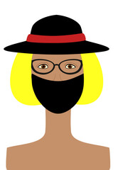 Young girl in a mask with glasses and a red hat on an isolated white background. Antivirus protection. Avatar. Logo, advertising