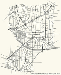 Black simple detailed street roads map on vintage beige background of the neighbourhood Wilmersdorf locality of the Charlottenburg-Wilmersdorf borough of Berlin, Germany
