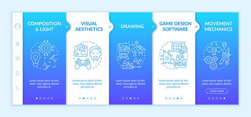 Game designer skills onboarding vector template. Composition and light in different game scenes. Responsive mobile website with icons. Webpage walkthrough step screens. RGB color concept
