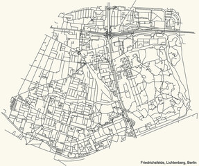 Fototapeta na wymiar Black simple detailed street roads map on vintage beige background of the neighbourhood Friedrichsfelde locality of the Lichtenberg borough of Berlin, Germany
