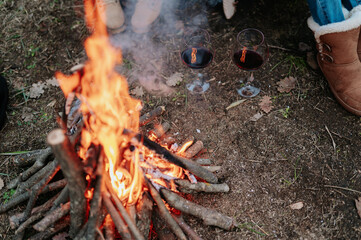 Pile wood on fire with two glasses of red wine in rural scene.