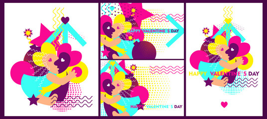 Memphis trend in the form of anthropomorphic people and geometric shapes. The concept of lovers inspired by happiness in the style of street art. perfect for print, prints, backgrounds, flyers