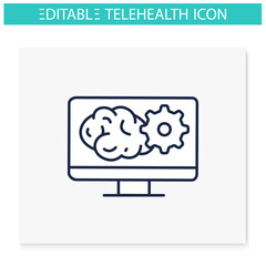 Teleneuropsychology line icon. Telehealth medical care. Virtual psychiatrist consultation.Telemedicine, health care concept. Online medicine, neuroscience.Isolated vector illustration.Editable stroke 