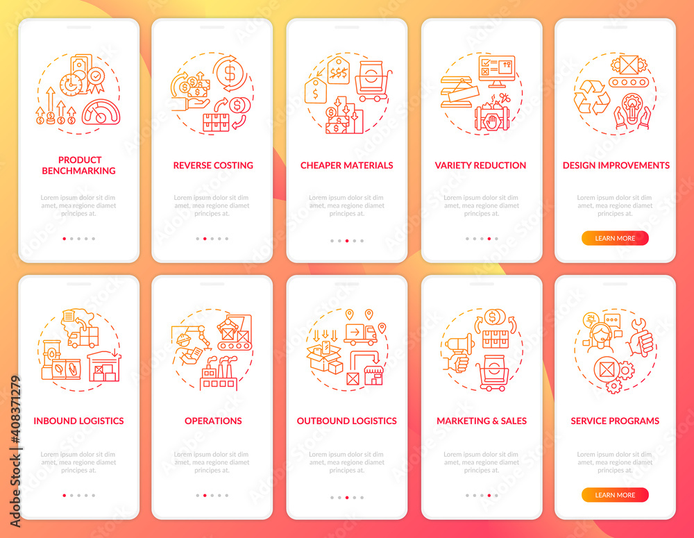 Poster value chain components red gradient onboarding mobile app page screen with concepts set. company opt