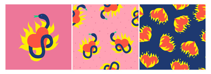 Set of abstract trendy illustrations in bright colors with snake and flaming hearts. Vector textured pattern. Prints for textile, t-shirt, wrapping paper, greeting cards.