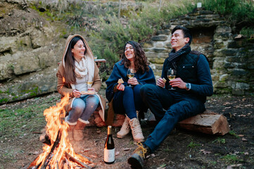 Group of friends sitting in front of a bonfire drinking glass of wine while talking and laughing....