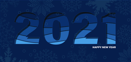 2021 New Year card. Paper cut vector illustration EPS10. Blue waves 