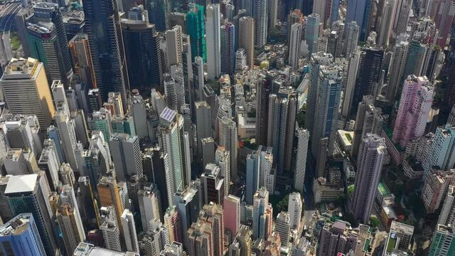 sunny hong kong city downtown wan chai district bay high aerial topdown panorama 4k