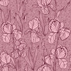 Seamless pattern with irises flowers in pink colours