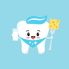Cute tooth molar with milk and cheese on fork. Flat design cartoon style smiling character vector illustration. Happy white tooth isolated on background. Children food for dental teeth health concept.