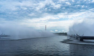Spray ponds pools for cooling water in nuclear and electro power plant. Splash pools for cooling.