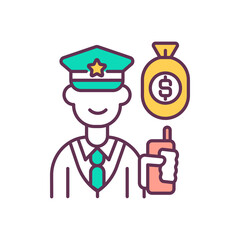 Tax officer with money bag RGB color icon. Business process optimization. Company tax policy improvement. Make transparency profit. Law abiding business. Isolated vector illustration