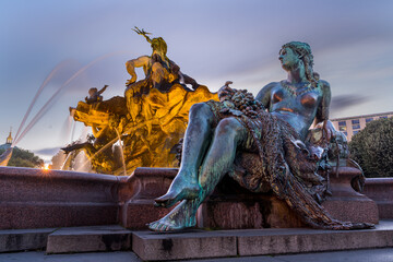 Berlin/July/29/2020 .Neo baroque Neptun fountain built by Reinhold Begas in 1888–1891 at the Schlossplatz in Berlin.  It was removed 1951 and used for the reshaping of east Berlin. © Frederic