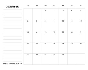 Monthly printable planner, organizer for December 2021.