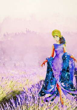 Lady on a lavender field, watercolor
