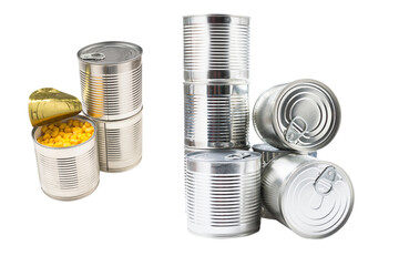 Canned food on white background. Sweet corn.