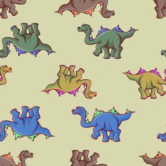 Seamless pattern of funny, cute, winged dinosaurs on a colored background. Prehistoric reptiles. Jurassic period. Vector illustration. Seamless